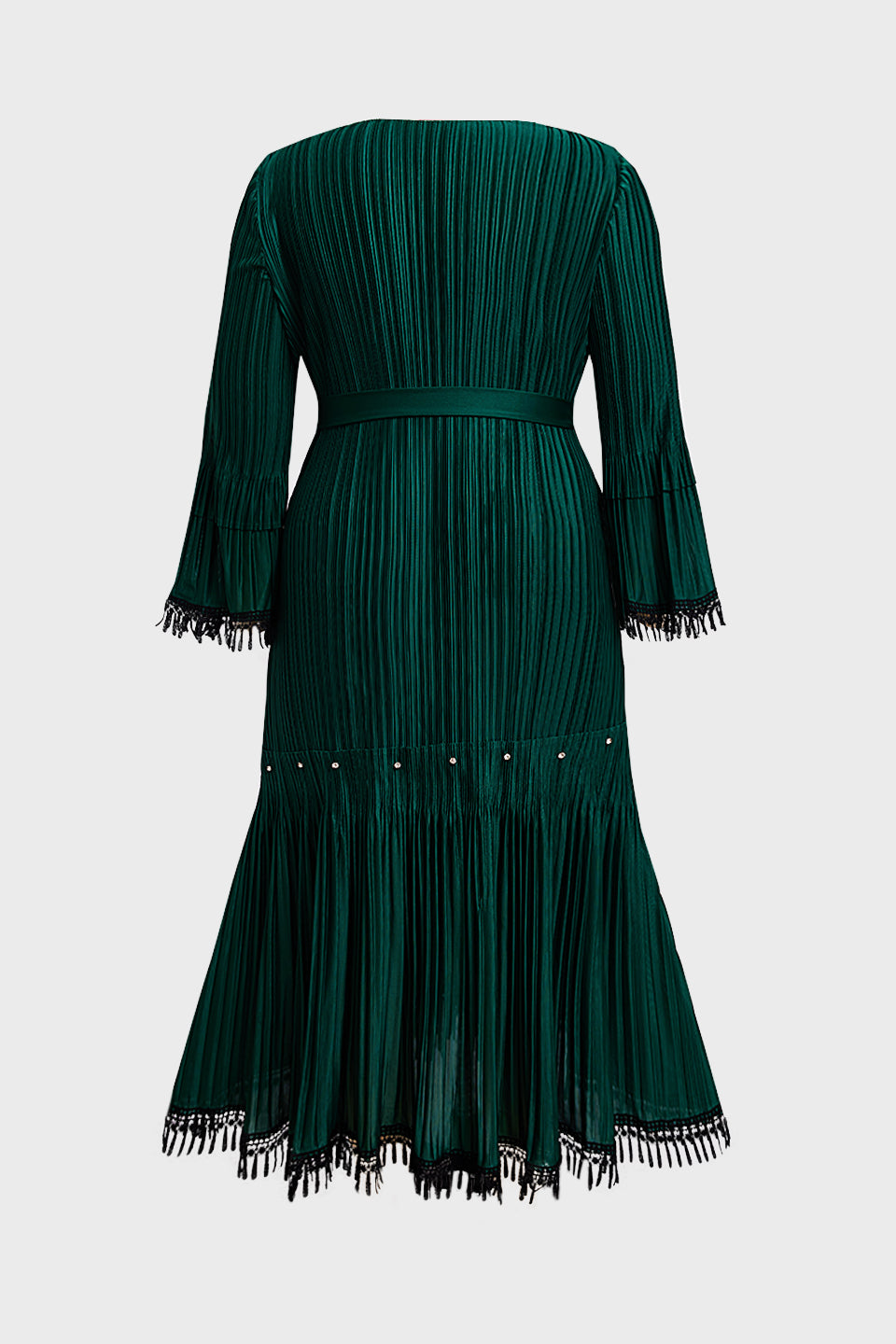 Curveins Plus Size Square Neck Long Sleeve Tie-Up Fringe Maxi Dress