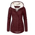Winter Thickened Cotton Parka with Fleece Lining Hooded Warm Coat Mid-Length Women's Fitted Long Sleeve Outerwear Black Imitation Fur Tops for Casual Basic Minimalist Womenswear Elegance Style - Jackets