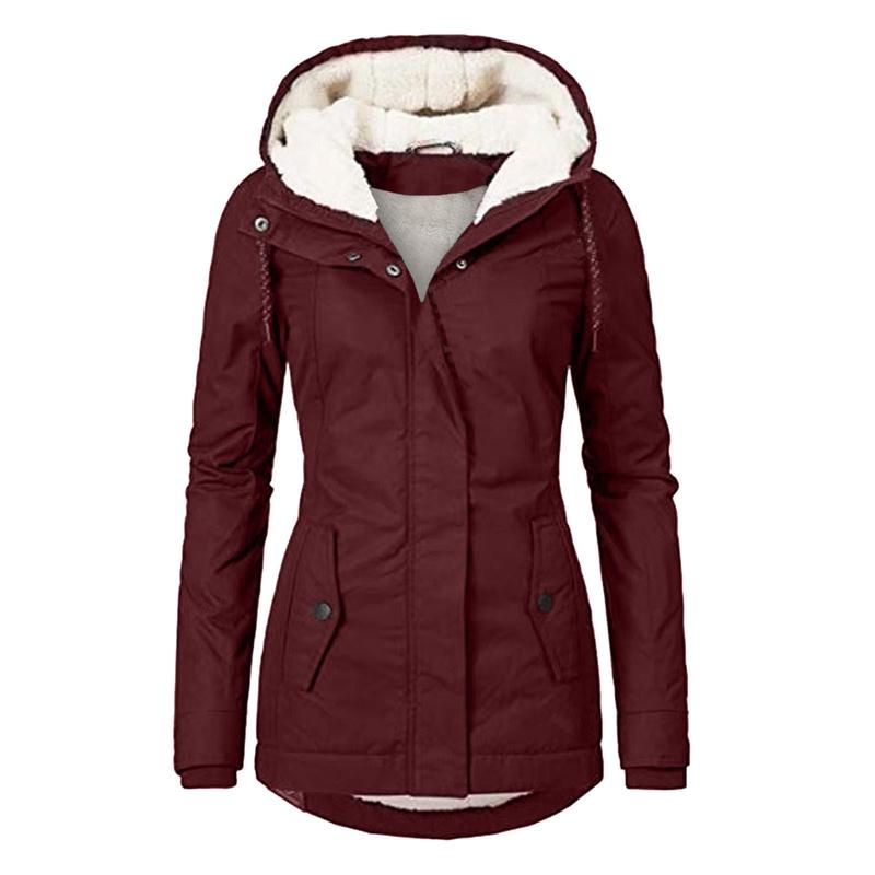 Winter Thickened Cotton Parka with Fleece Lining Hooded Warm Coat Mid-Length Women's Fitted Long Sleeve Outerwear Black Imitation Fur Tops for Casual Basic Minimalist Womenswear Elegance Style - Jackets