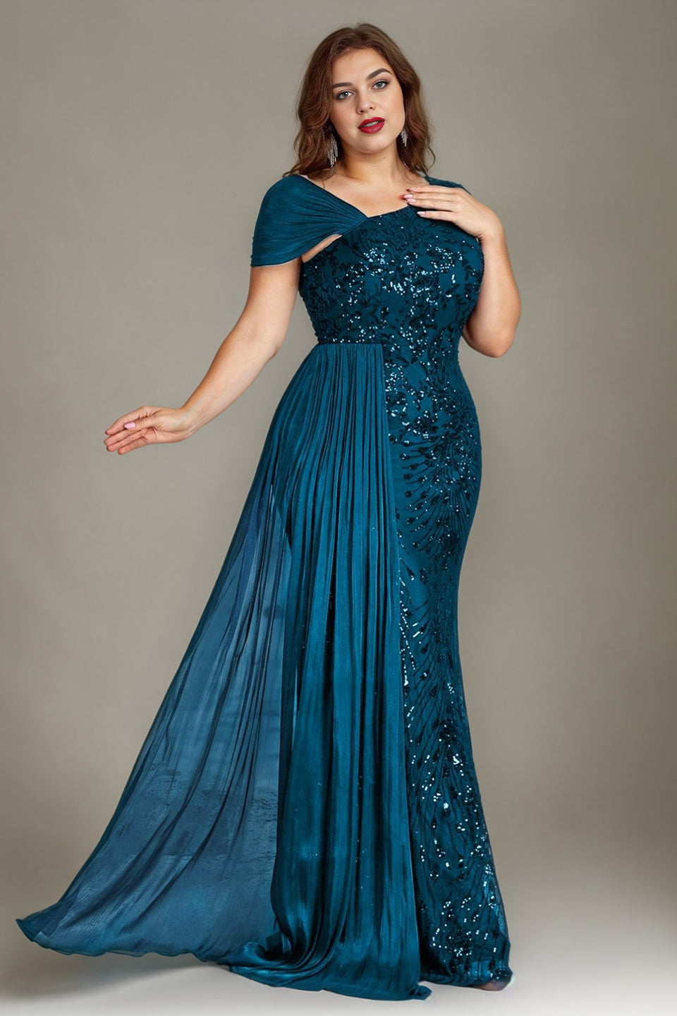 Curveins Plus Size One Shoulder Sleeveless Beaded Ribbon Elegant Maxi Dress