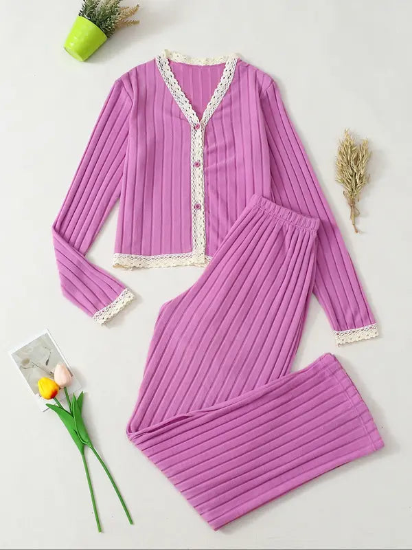 Women's V Neck Long Sleeve Pajama Set, Casual Fitted Sleepwear for All Seasons, Elegant Home Wear, 2pcs New Arrival