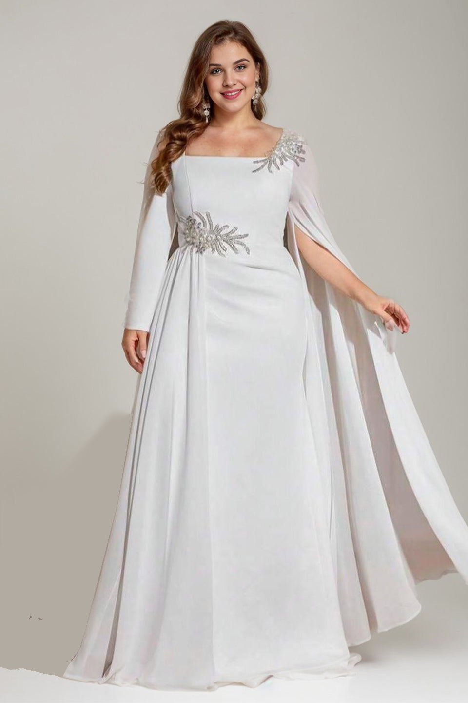 Curveins Plus Size Long Sleeve Ruched Waist Elegant Flowing Maxi Dress