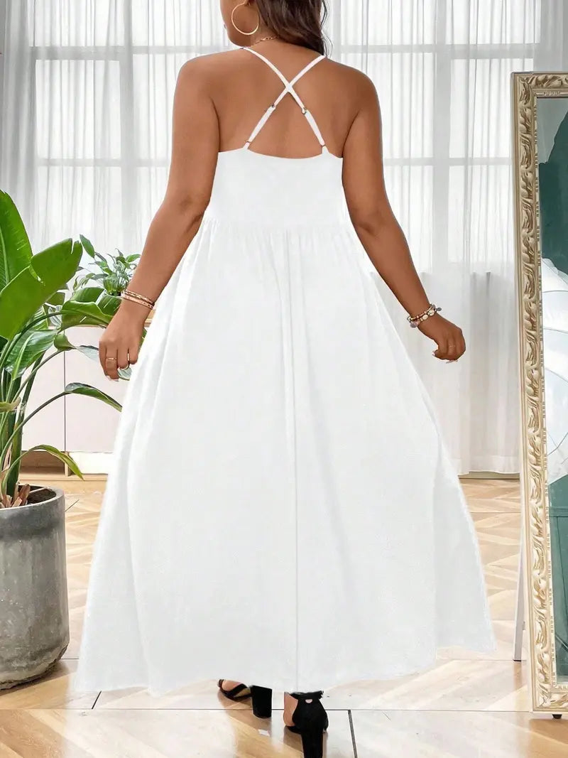 Plus Size Criss Cross Backless Cami Dress, Casual Solid Sleeveless Spaghetti Strap A-Line Dress for Summer, Women's Clothes for Party Holiday