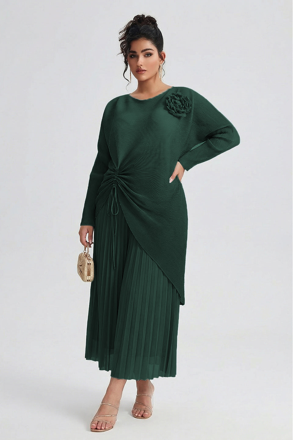 Curveins Plus Size Round Neck Short Sleeve Robe and Wide-Leg Pants Set