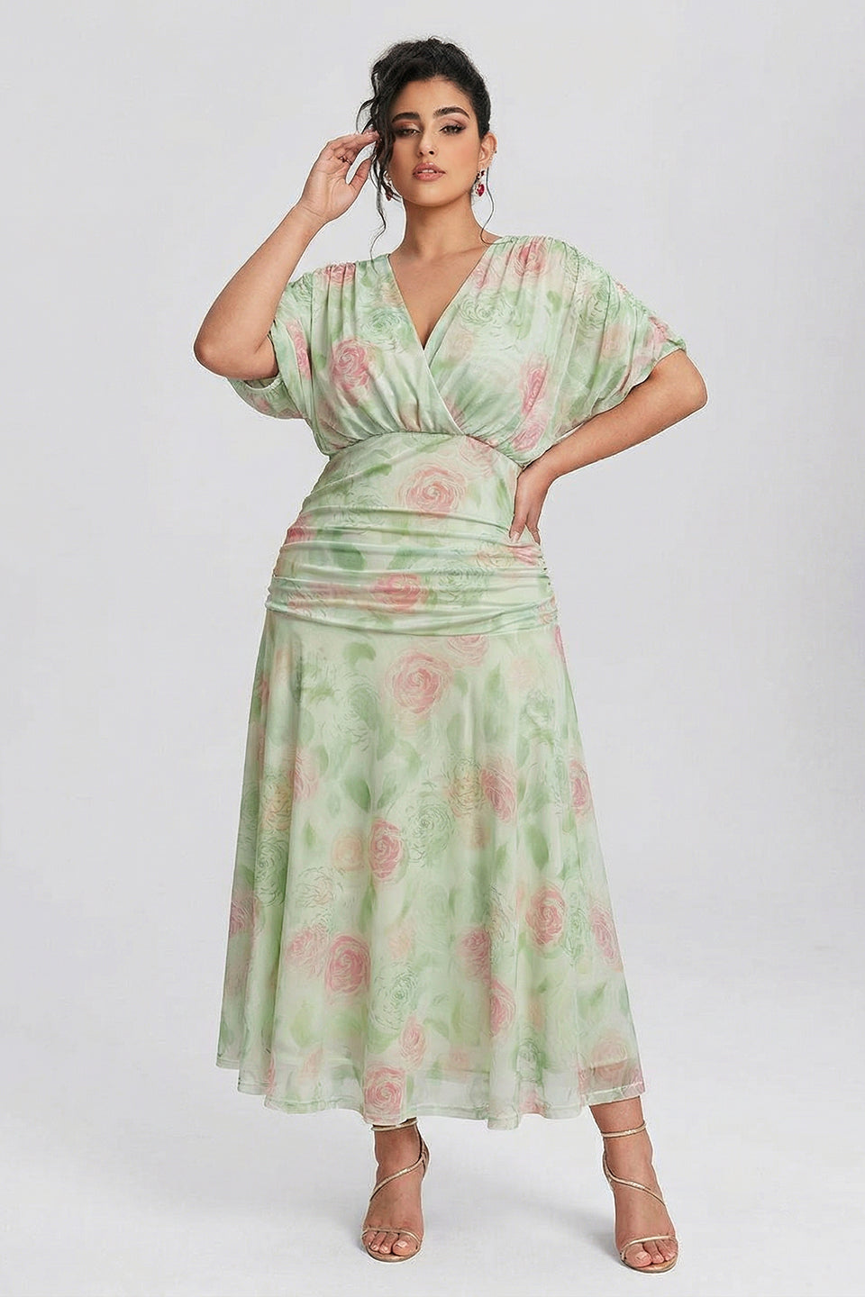 Curveins Plus Size V Neck Puff Sleeve Waist Defining Floral Print Elegant Maxi Dress