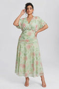 Curveins Plus Size V Neck Puff Sleeve Waist Defining Floral Print Elegant Maxi Dress