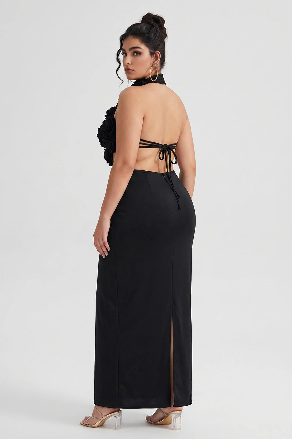 Curveins Plus Size Sexy Halter Neck Large Flower Fitted Back Slit Maxi Dress