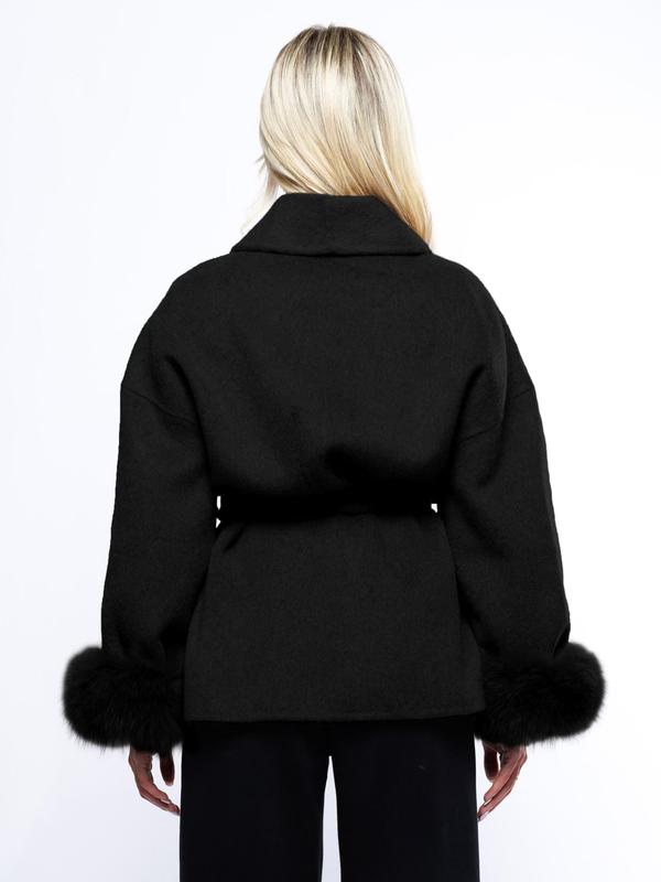 Women's Elegant Solid Color Waist Tie Plush Long Sleeve Thermal Wrap Coat