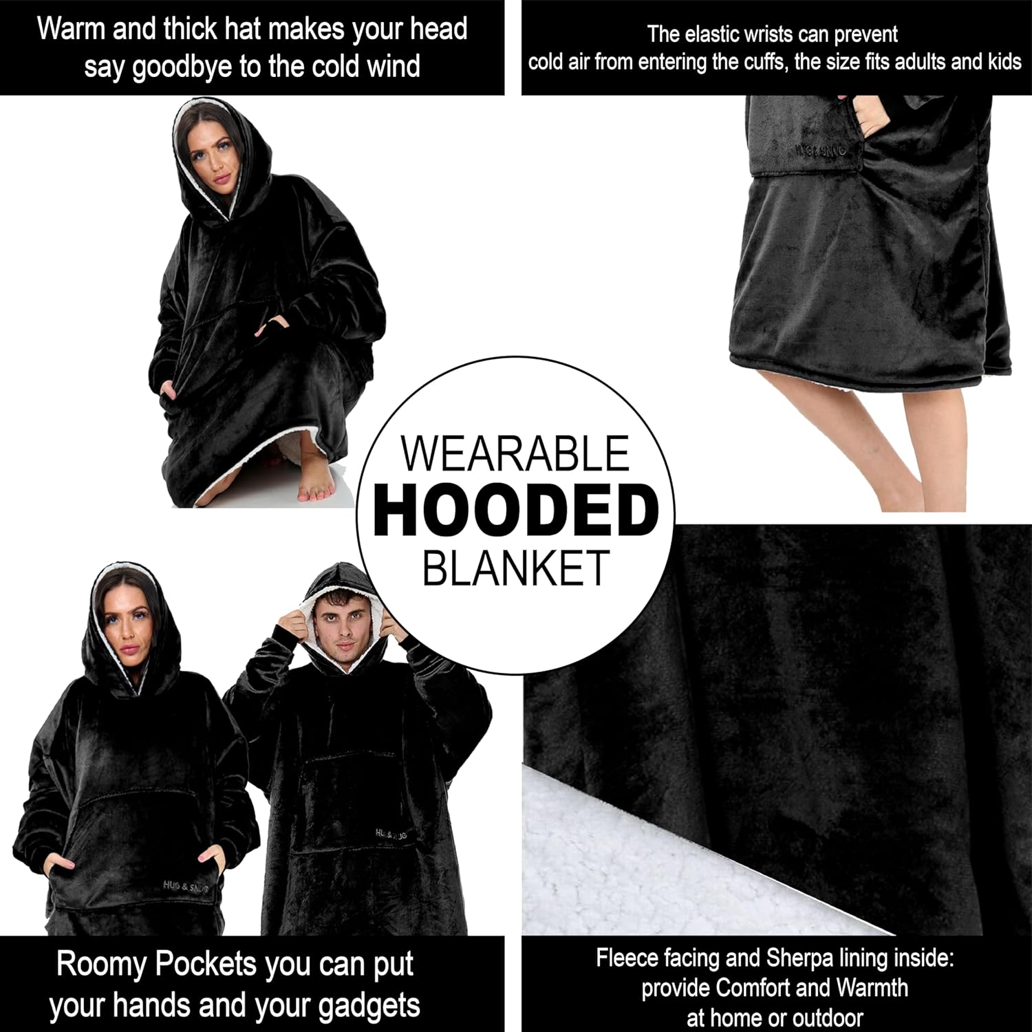 Oversized Hoodie Blanket Men Women, Ultra Soft Sherpa Fleece Warm Cosy Wearable Throw Sweatshirt Snuggle Oodies for Adults Teens with Big Pocket