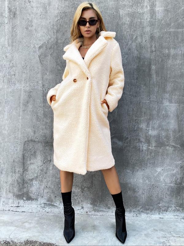 Women's Plain Pocket Button Front Faux Fur Coat, Casual Long Sleeve Lapel Outerwear For Fall & Winter, Women's Clothing For Daily Wear