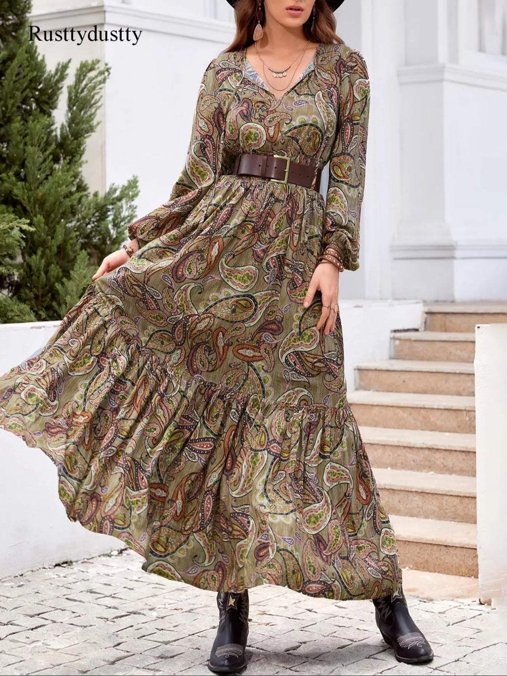 Women's Boho Style Long Sleeve Woven Paisley Print Dress, Fitted Waist Design, Comfortable, Casual & Stylish for All Seasons, Perfect for Beach