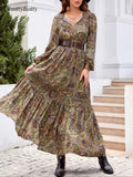 Women's Boho Style Long Sleeve Woven Paisley Print Dress, Fitted Waist Design, Comfortable, Casual & Stylish for All Seasons, Perfect for Beach