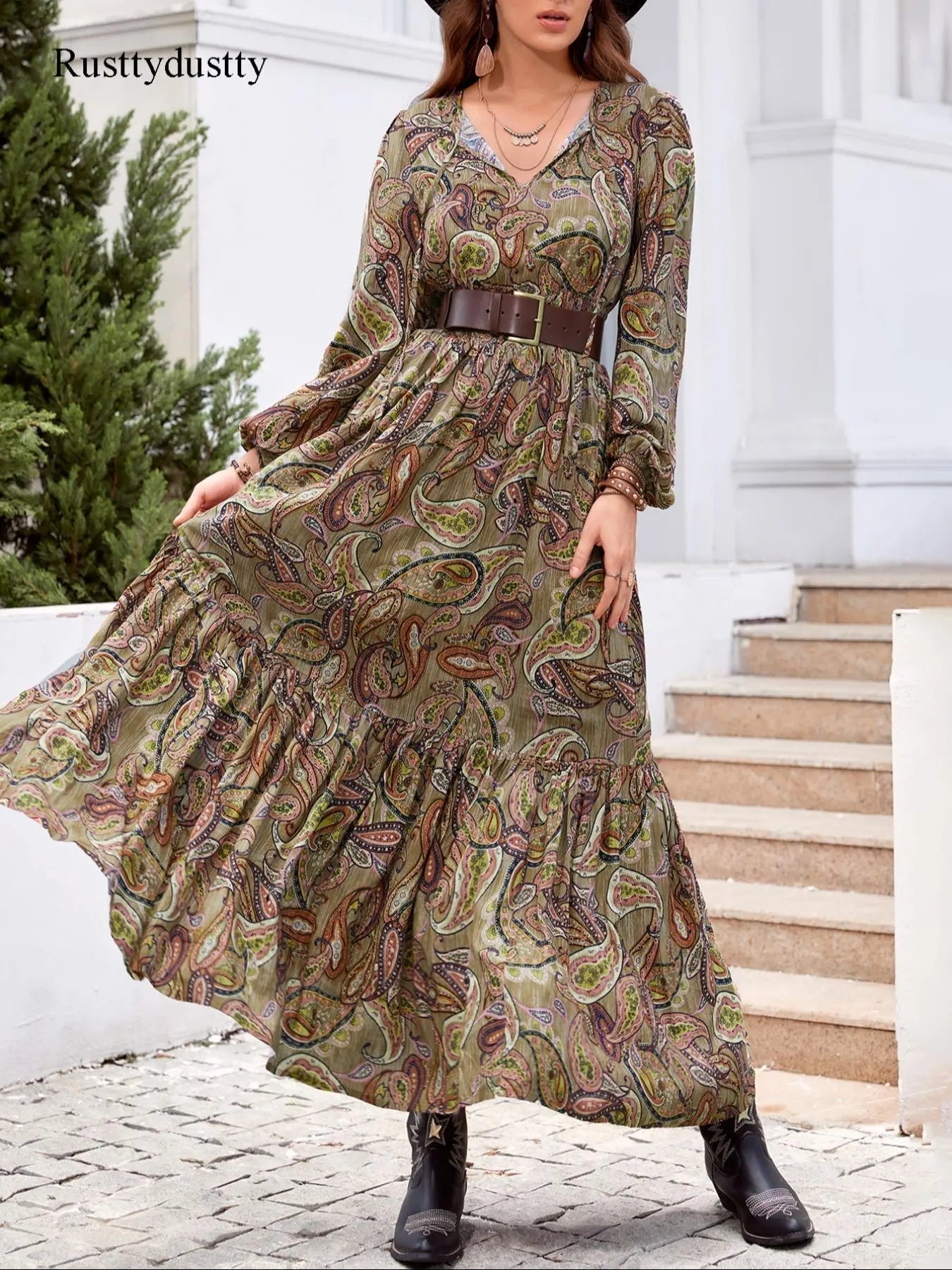 Women's Boho Style Long Sleeve Woven Paisley Print Dress, Fitted Waist Design, Comfortable, Casual & Stylish for All Seasons, Perfect for Beach