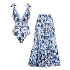 V Neck Lace Up Printed One Piece Swimsuit and Skirt