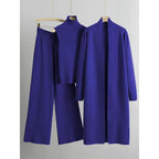 Trendy Knit Turtle Neck Tank & Wide Leg Trousers with Open-front Long Cardigan Three-piece Clothes Sets, Casual Womenswear