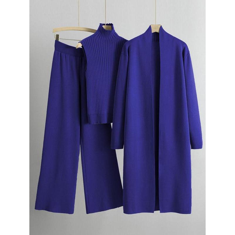 Trendy Knit Turtle Neck Tank & Wide Leg Trousers with Open-front Long Cardigan Three-piece Clothes Sets, Casual Womenswear