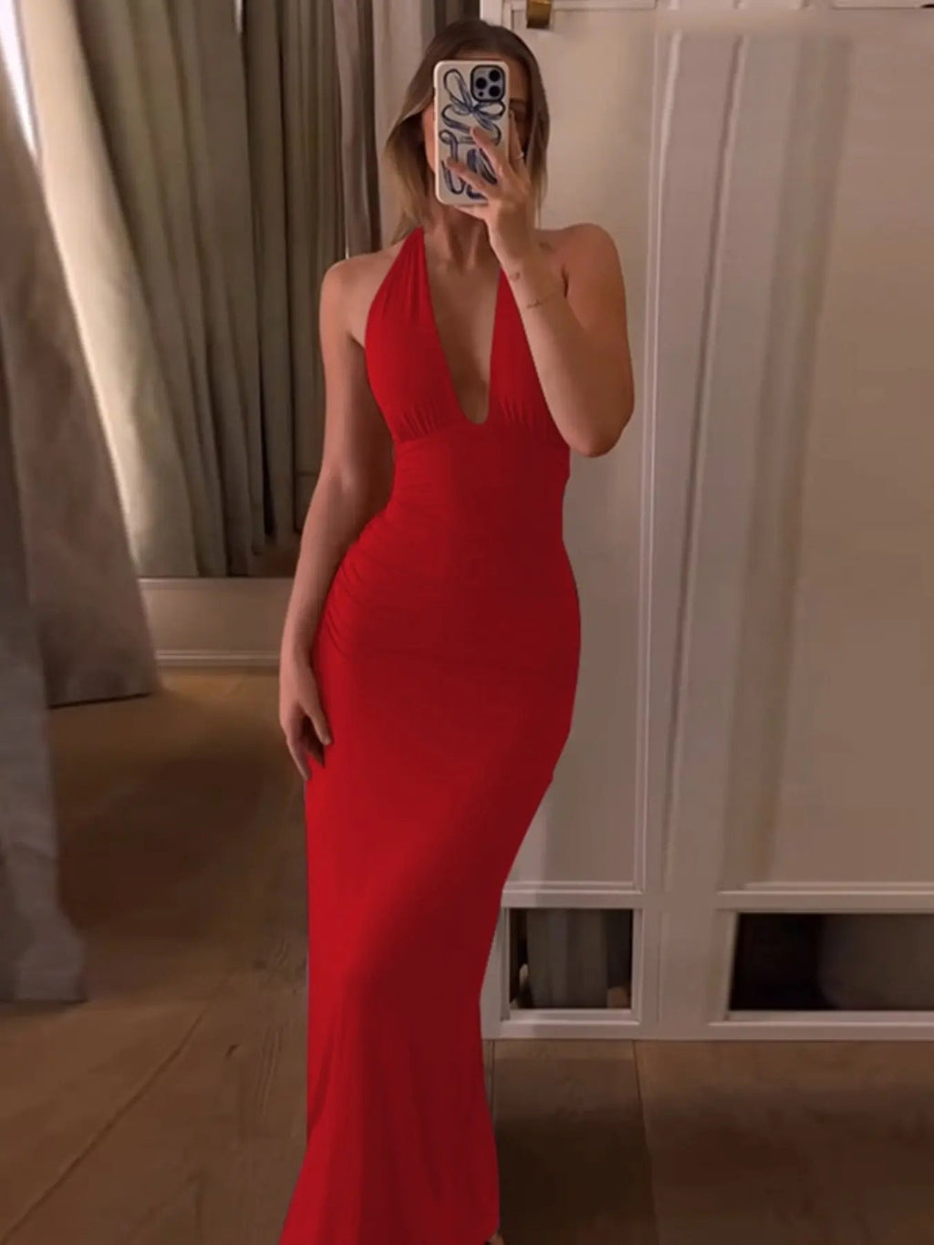 Women's Solid Backless Halter Neck Bodycon Dress
