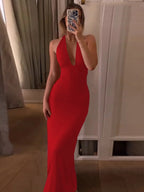 Women's Solid Backless Halter Neck Bodycon Dress
