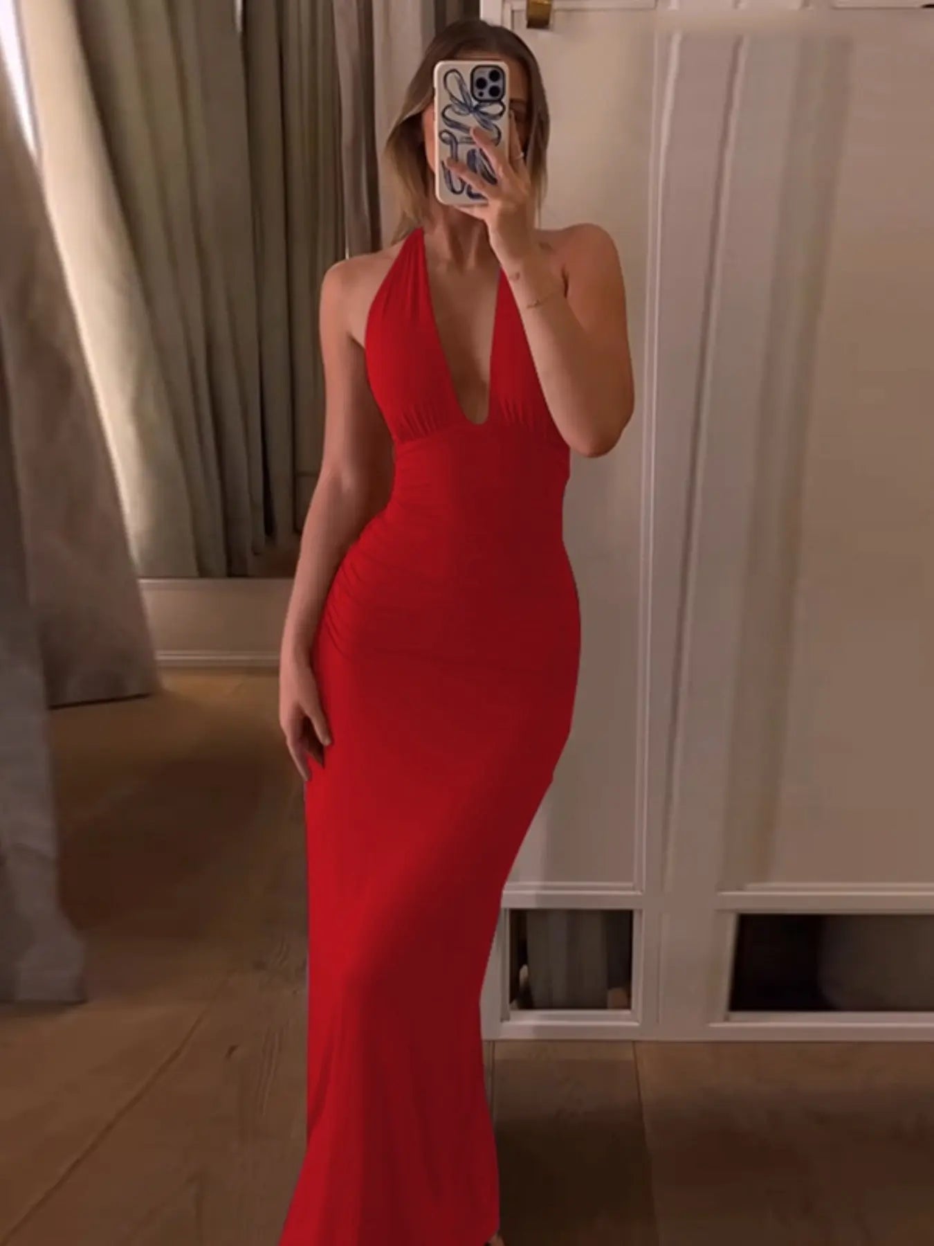 Women's Solid Backless Halter Neck Bodycon Dress