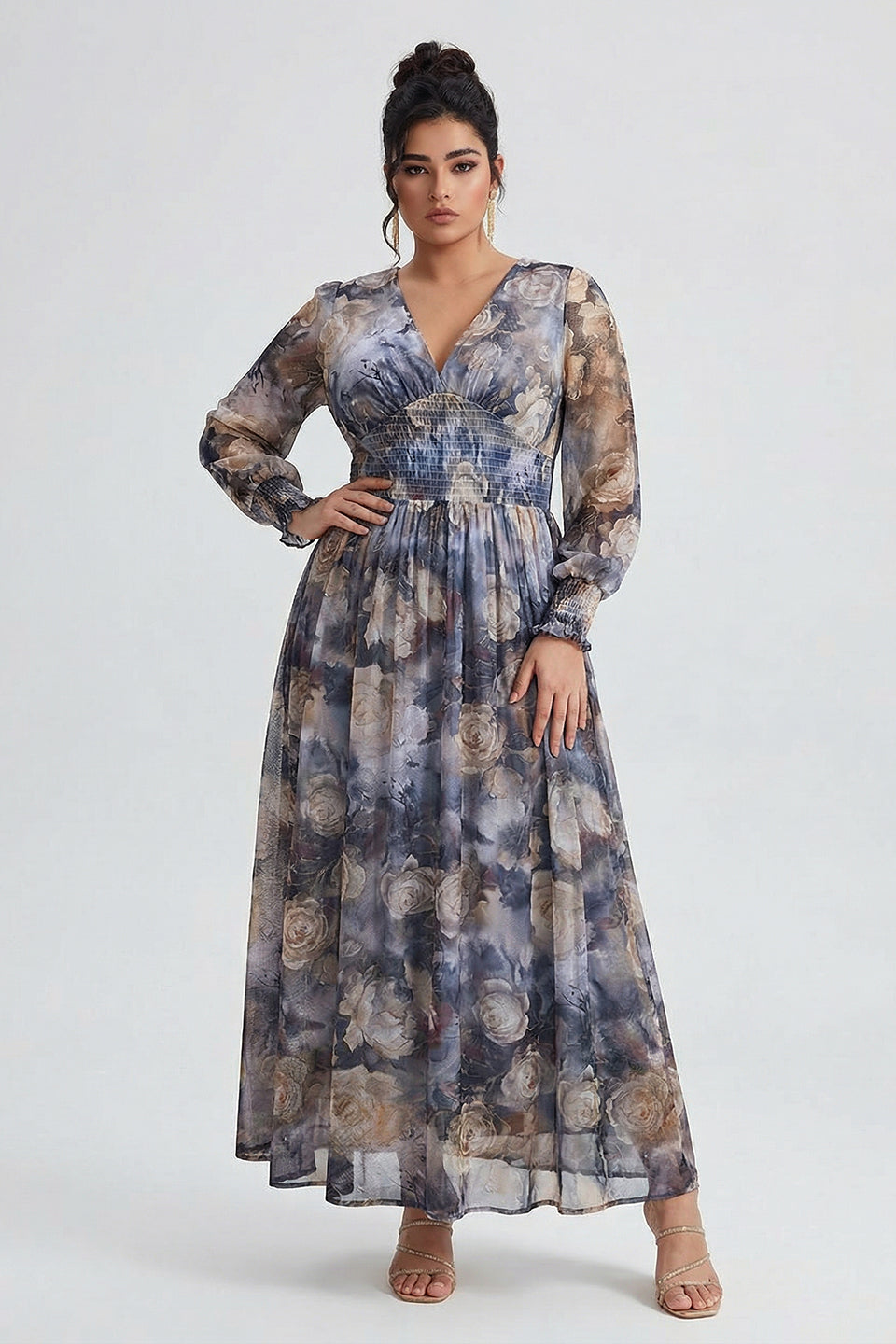 Curveins Plus Size V Neck Long Sleeve Floral Waist Maxi Dress