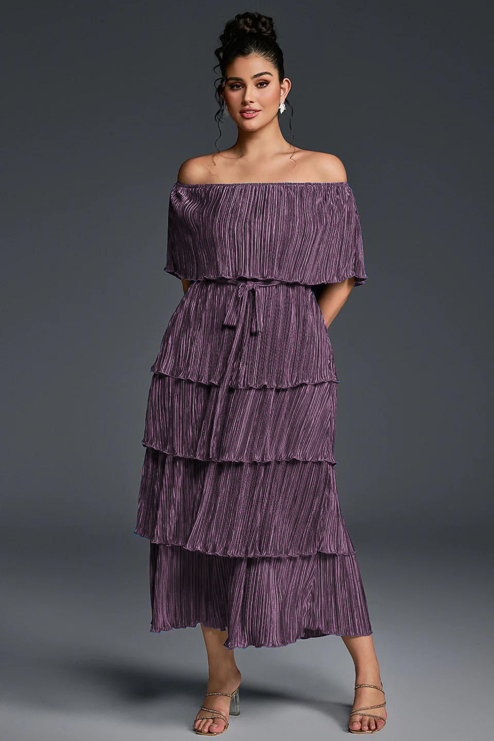 Curveins Plus Size Off-Shoulder Pleated Tiered Maxi Dress