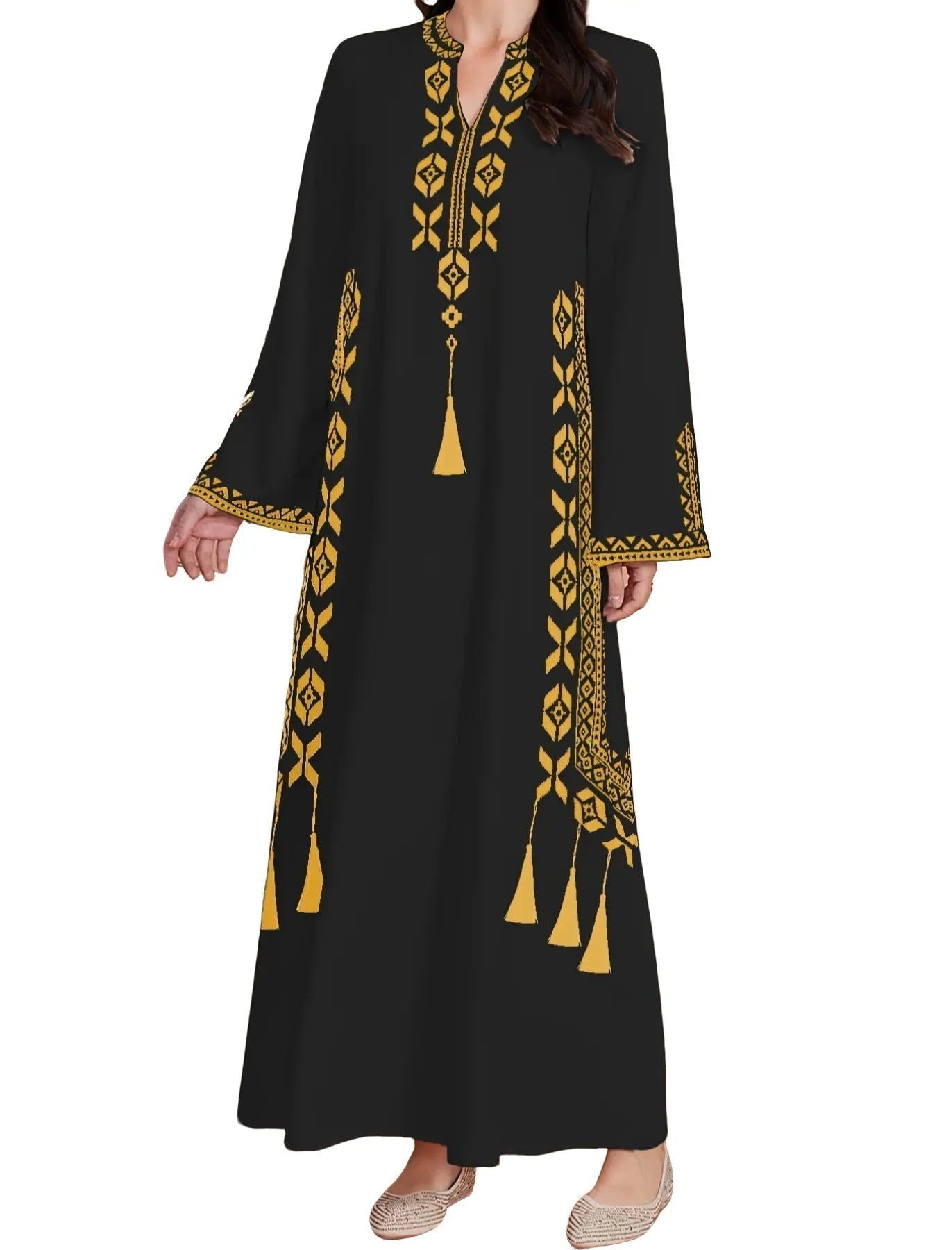 Women's Digital Print Dress, Middle Eastern Style Woven Fabric Long Sleeve A-Line Dress, Fitted Casual Fashion for Spring & Fall Seasons, Womenswear