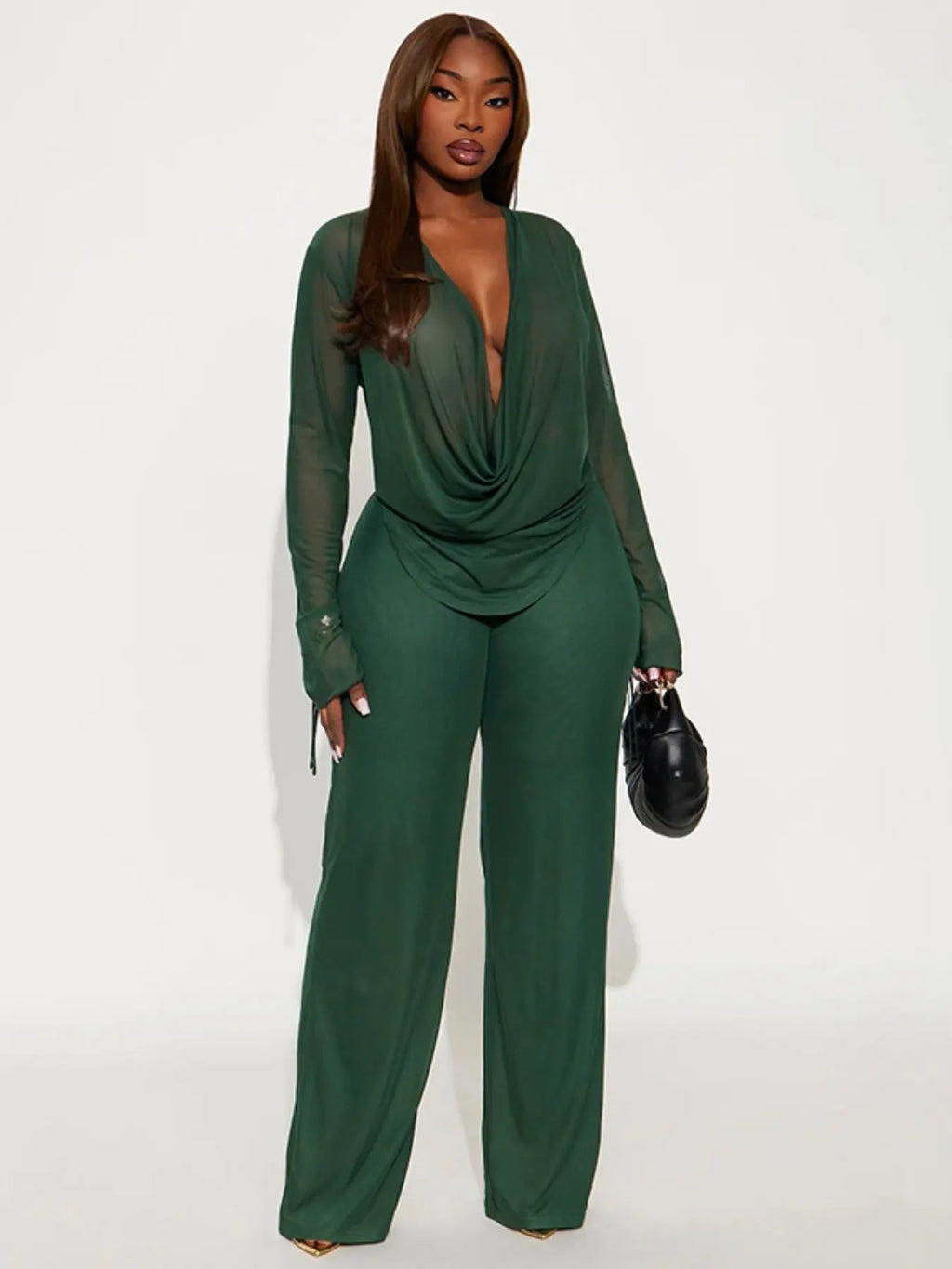 Women's Deep V Neck Blouse Set, Long Sleeve Crop Top & High Waisted Pants, Sexy Plain Design, Fall Winter Fashion