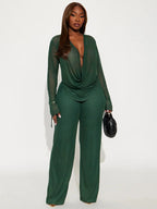 Women's Deep V Neck Blouse Set, Long Sleeve Crop Top & High Waisted Pants, Sexy Plain Design, Fall Winter Fashion