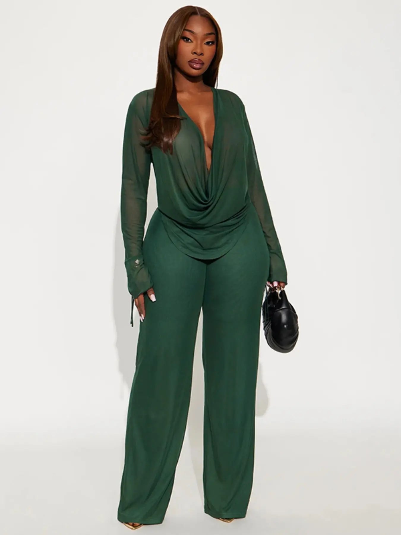 Women's Deep V Neck Blouse Set, Long Sleeve Crop Top & High Waisted Pants, Sexy Plain Design, Fall Winter Fashion