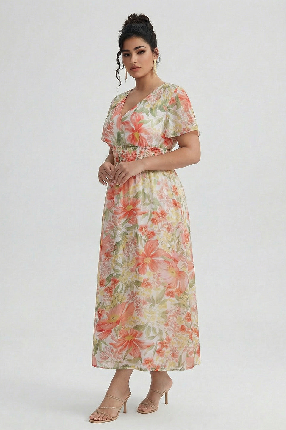 Curveins Plus Size V Neck Batwing Sleeve Cinched Waist Floral Pattern Maxi Dress