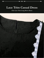 Women's Fashion Long Sleeve Round Neck Solid Color Casual Dress, Elegant Lace Trim Robe Style, Perfect for Daily Wear & Special Occasions