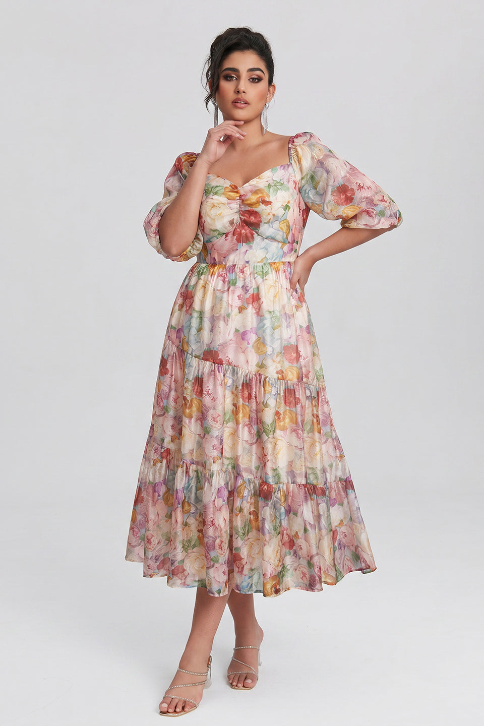 Curveins Plus Size V-Neck Flower Print Pleated Maxi Dress