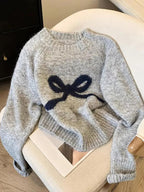 Elegant Bow Knit Sweater for Women, Sweet Autumn Winter Fashion, Thick Casual Pullover Top, Unique Design, Versatile Outerwear