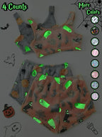 4 Counts/2 Set Women's Halloween Print Glow in The Dark Crop Tank Top & Elastic Waist Shorts Fluffy Pajamas, Casual Comfortable Loungewear for Women, Comfy Loungewear for Women, Women's Sleepwear for Fall, Fluffy Pajamas