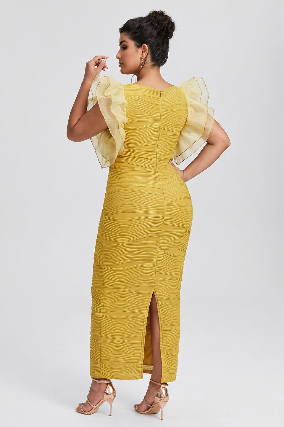 Curveins Plus Size Ruffle Sleeve Color Block Bodycon Midi Dress Elegant Fit