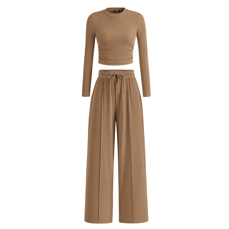 2-Piece Ribbed Knit Long Sleeve Crop Top Wide Leg Pants Matching Lounge Set Loungewear