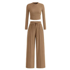 2-Piece Ribbed Knit Long Sleeve Crop Top Wide Leg Pants Matching Lounge Set Loungewear