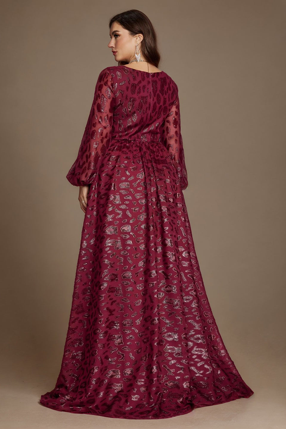 Curveins Chic Plus Size V-Neck Floral Pattern Lantern Sleeve Gown
