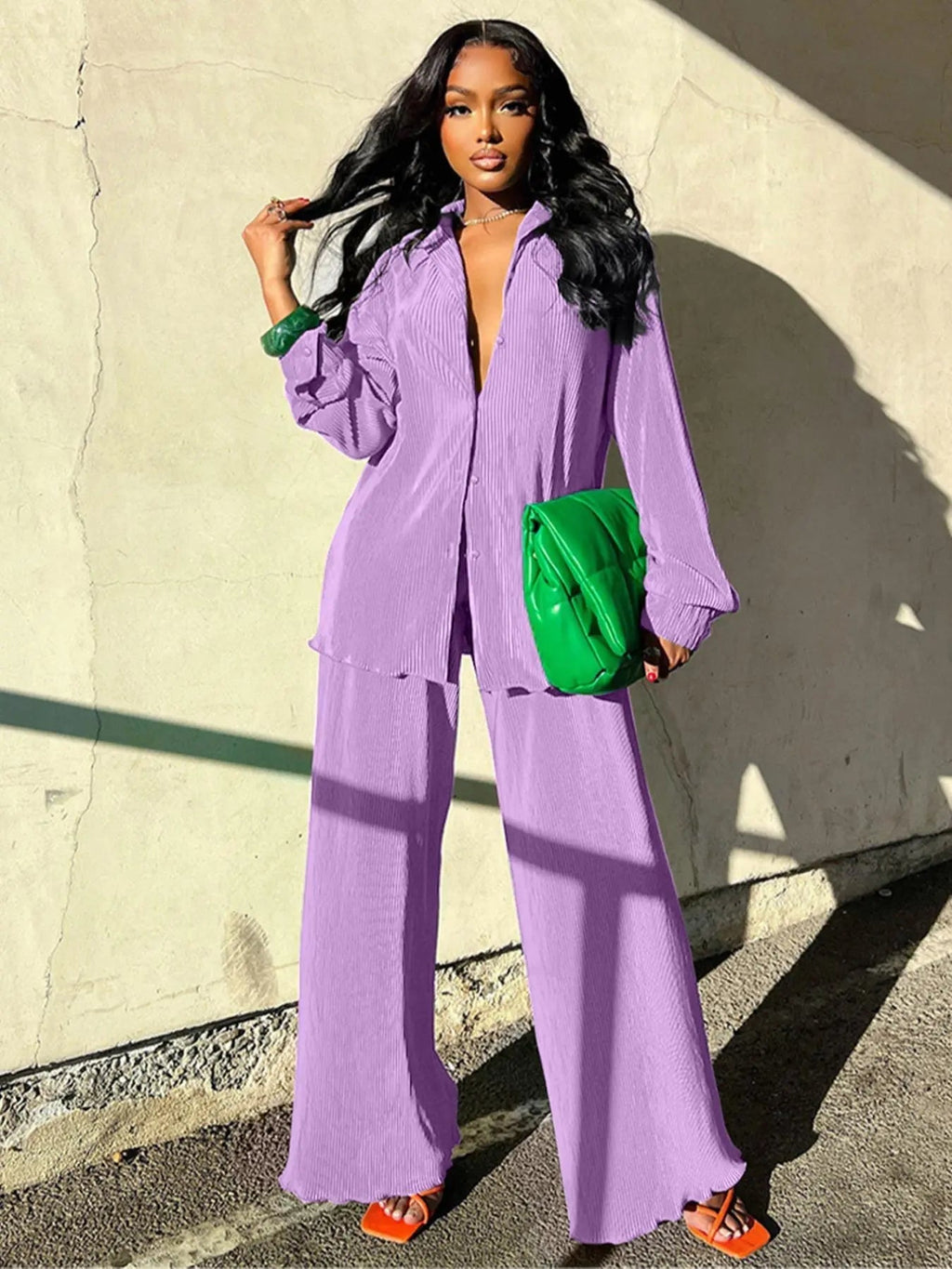 Women's Solid Button Front Shirt & Elastic Waist Pants Two-piece Set