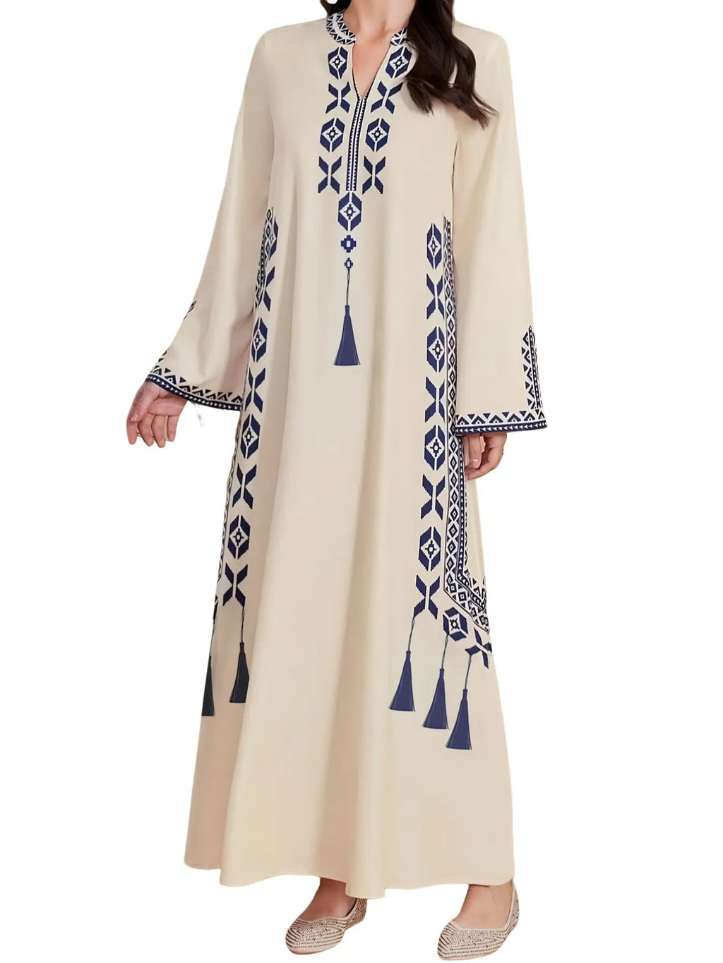 Women's Digital Print Dress, Middle Eastern Style Woven Fabric Long Sleeve A-Line Dress, Fitted Casual Fashion for Spring & Fall Seasons, Womenswear