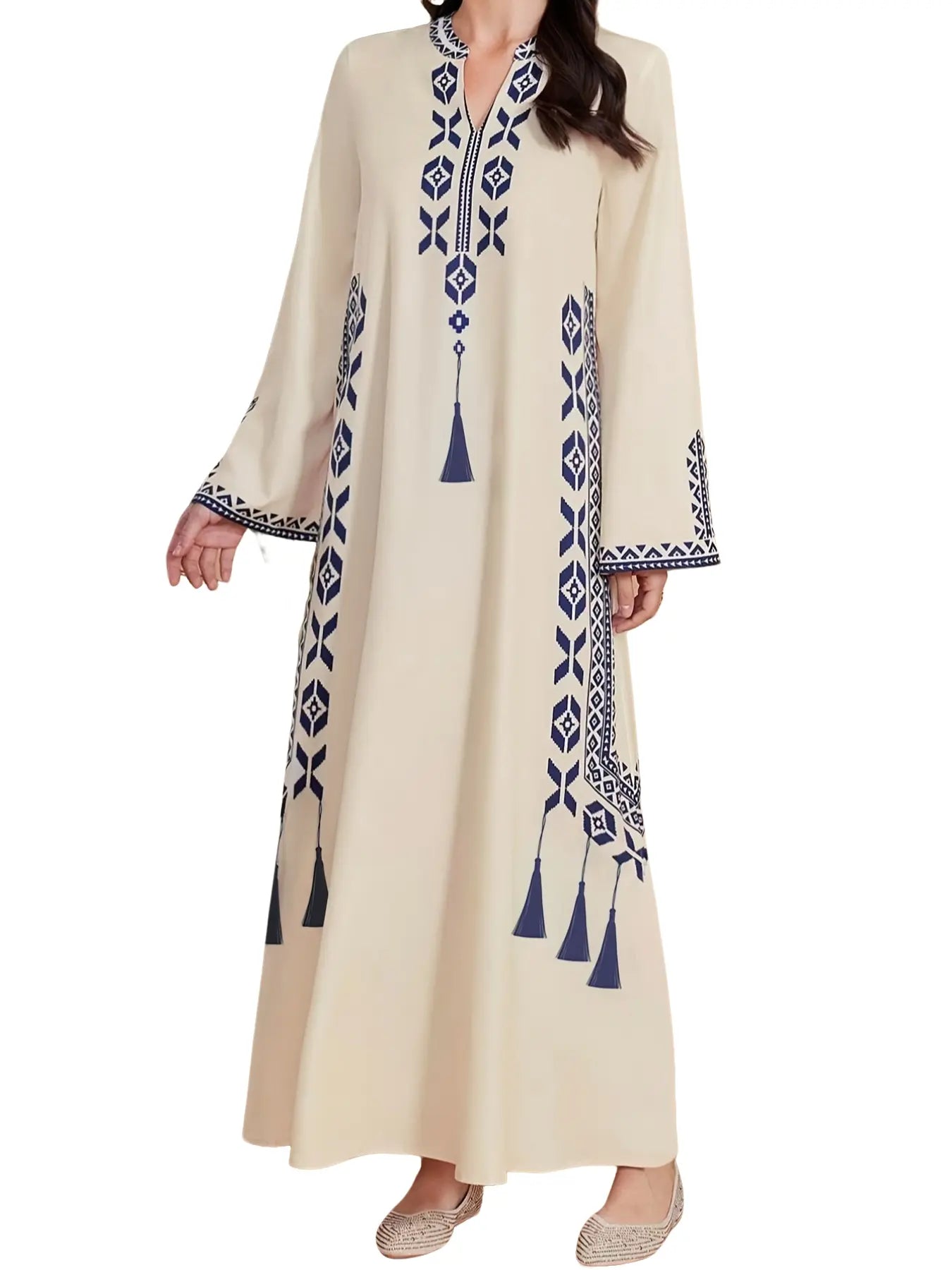 Women's Digital Print Dress, Middle Eastern Style Woven Fabric Long Sleeve A-Line Dress, Fitted Casual Fashion for Spring & Fall Seasons, Womenswear