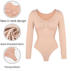 Women’s Seamless Shaping Bodysuit – Long Sleeve V-Neck Slim Fit Shapewear, Lightweight Sculpting Body Top, Perfect for Layering & Everyday Wear Light compression