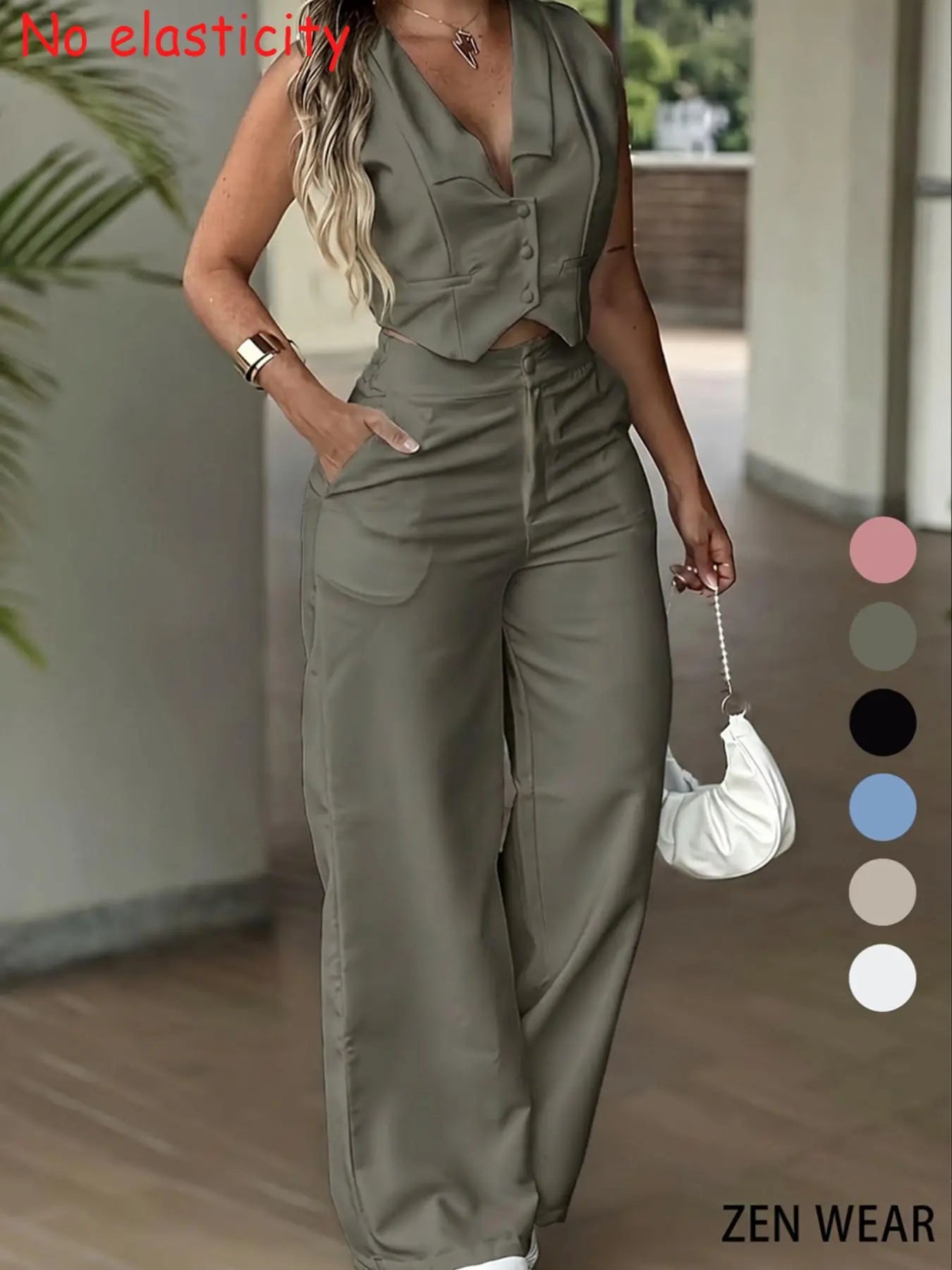 New Women's Pants Set, Sleeveless Waist Cinching Vest Set, Wide Leg Pants, Elegant Office Lady Commuter Two-Piece Suit