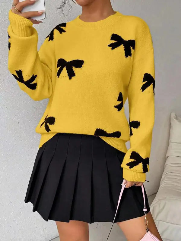 Fashion Bow Print Casual Basic Loose Knitted Sweater Pullover Autumn/Winter Women Pullovers New O-Neck Full Sleeve Knit Sweater