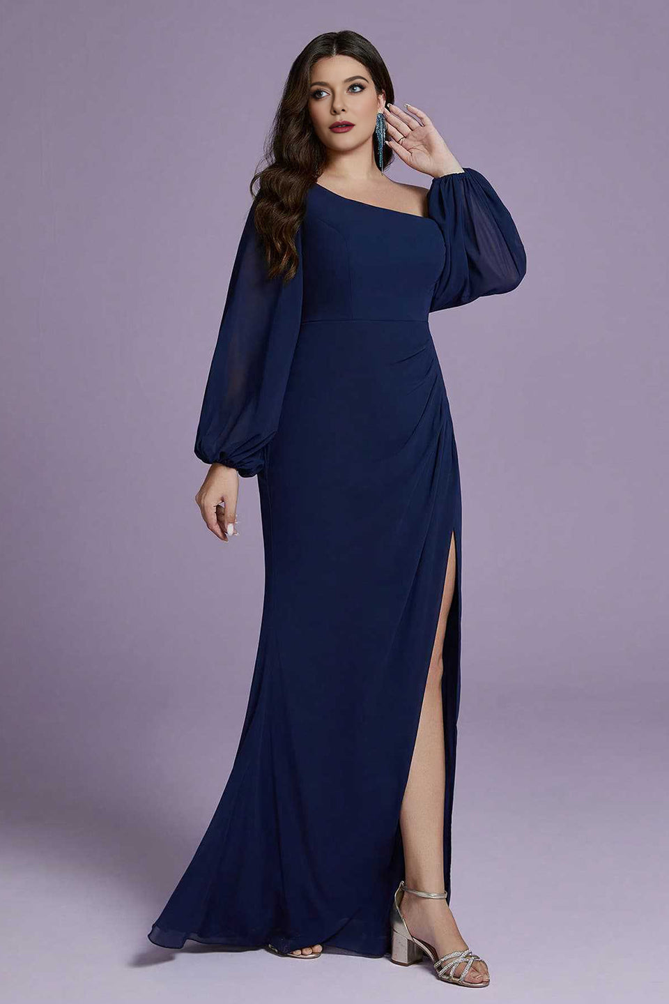 Curveins Plus Size Cold Shoulder Long Sleeve Fitted Maxi Dress with Split Hem