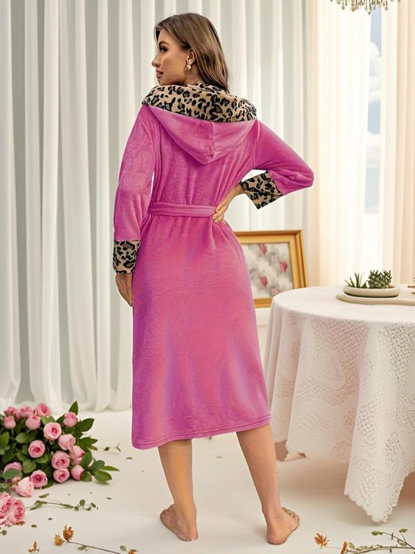 Women's Leopard Print Thermal Lined Bathrobe, Casual Soft Comfortable Long Sleeve Belted Robe, Women's Sleepwear for Fall & Winter