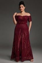 Curveins Plus Size Off-Shoulder Waist Cinched Striped Sequin Maxi Evening Dress