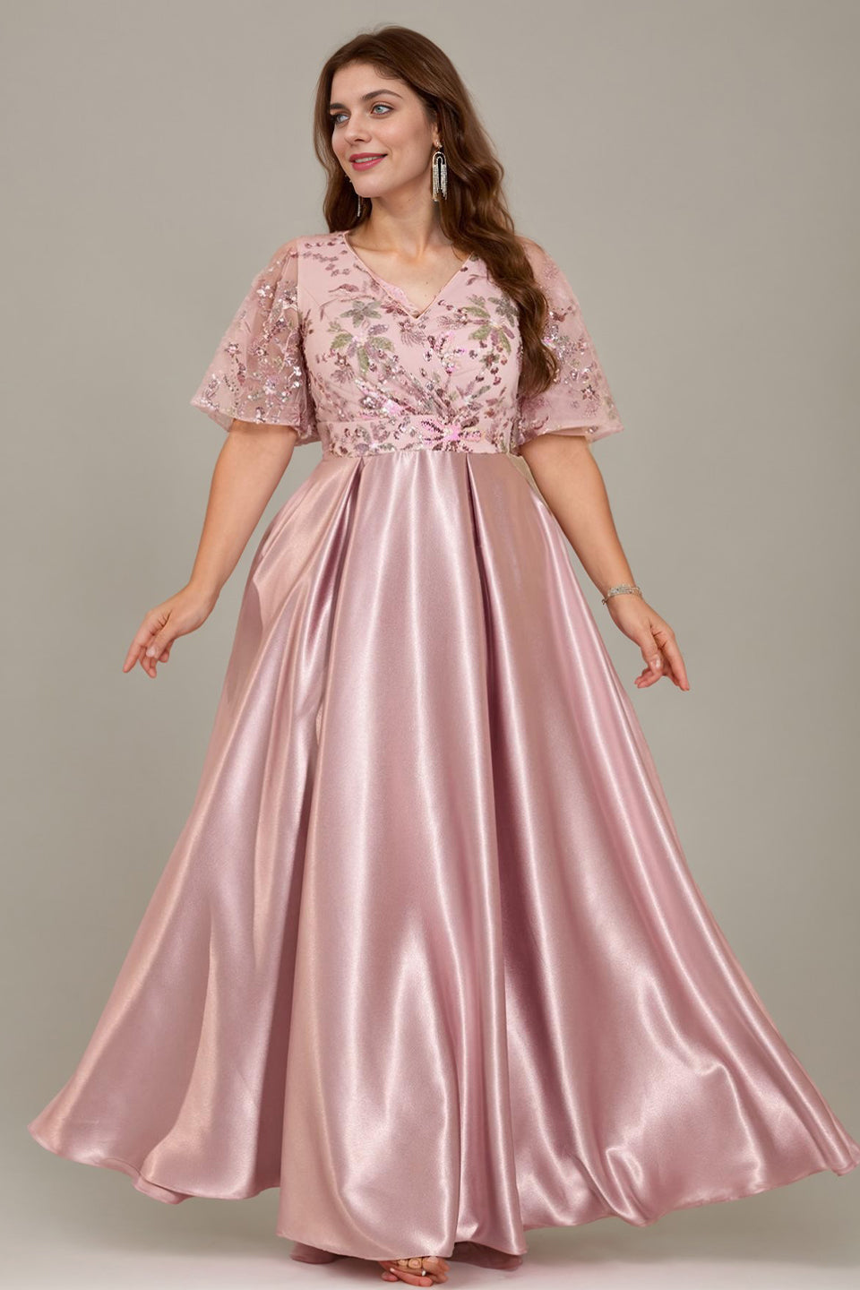 Curveins Plus Size V Neck Sequin Floral Patchwork Elegant Flowy Maxi Dress