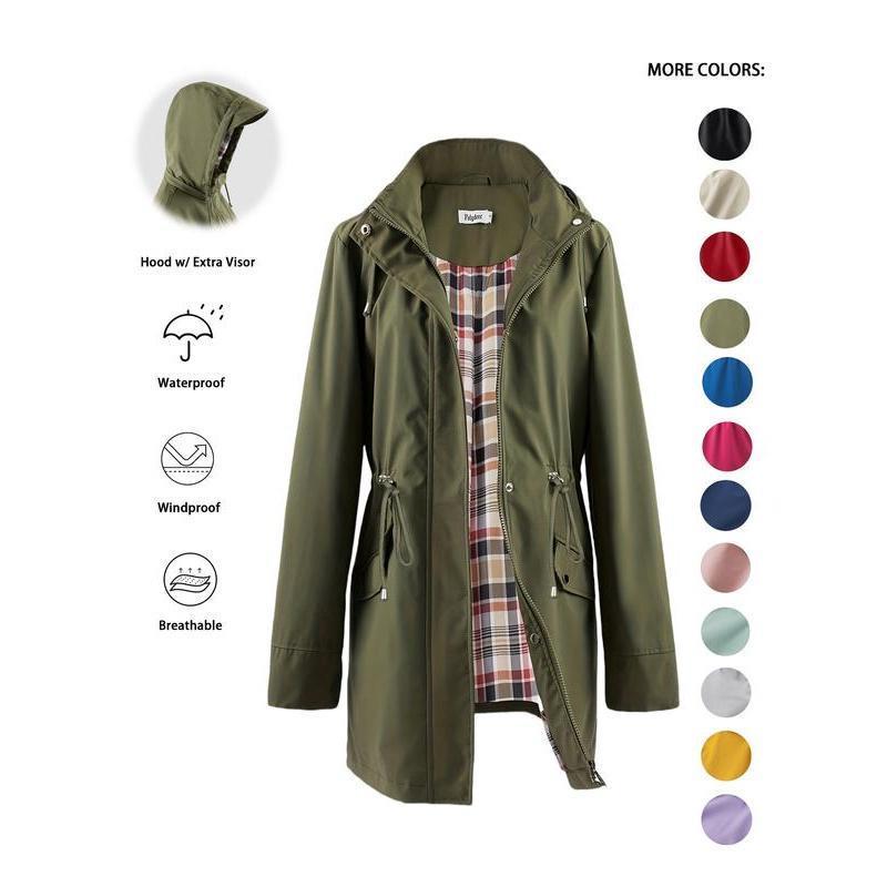 Women's Solid Color Drawstring Zip-Up Hooded Trench Coat Long Sleeve Waterproof Windproof Soft Comfortable Casual Outerwear Suitable For Spring Fall Daily Wear Outings