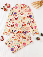 Two-piece Set Women's Christmas Print Button Front Pocket Shirt & Elastic Waist Pants Pyjama, Casual Comfy Long Sleeve Collared Top & Trousers Pyjama Set, Women's Sleepwear for Spring & Fall